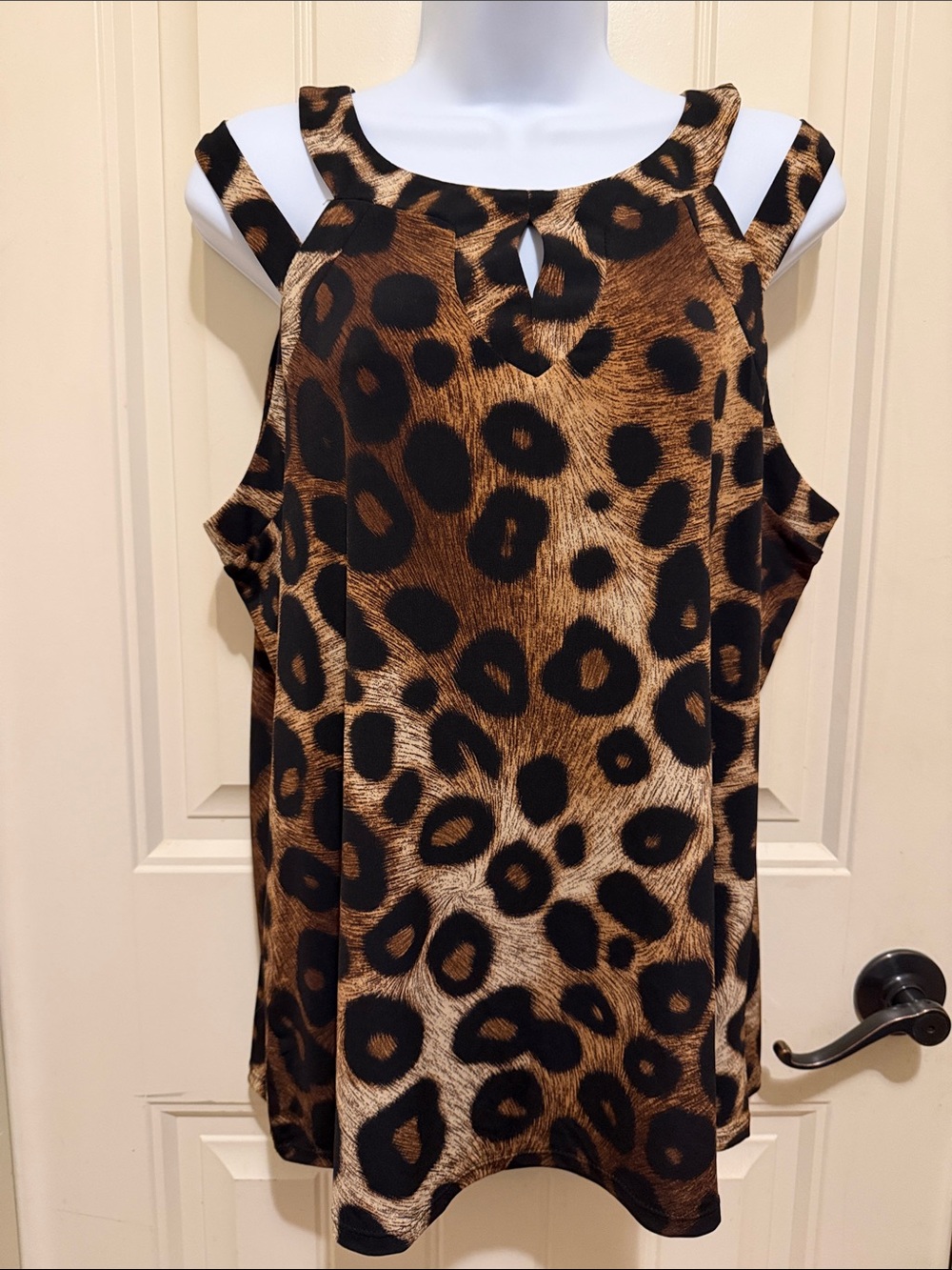 Adele & May - Leopard - Animal Print Sleeveless Cold Shoulder Keyhole Blouse